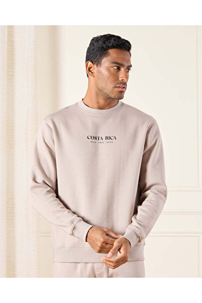 REDTAG Men Beige Graphic Crew Neck Sweatshirt