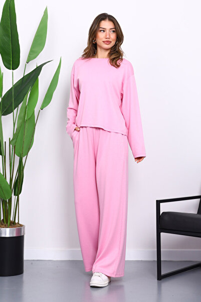 İmajButik Pink Modal Suit with Stone Detail on the Sides