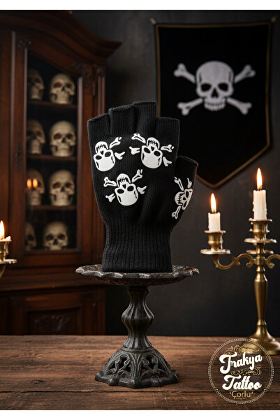 Trakya Tattoo Unisex Baskılı Kesik Parmak Eldiven Gotik Kurukafa Eldiven