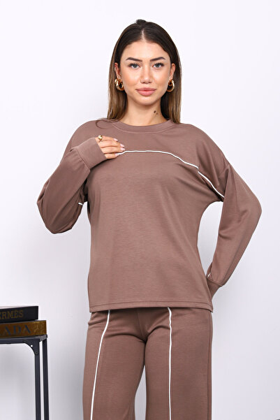İmajButik Brown Piped Detail Sweat Pants Set