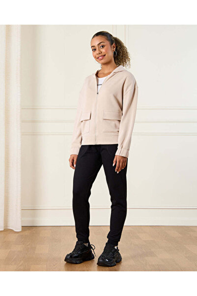 REDTAG Senior Girls Beige Zipper Front Hooded Sweatshirt