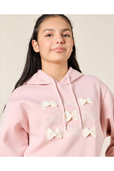 REDTAG Senior Girls Pink Hooded Sweatshirt Embellished With Bow