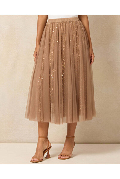 REDTAG Women Brown Sequins Mesh Skirt