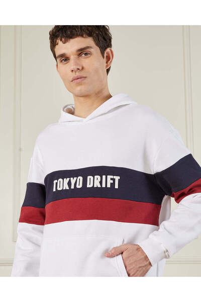 REDTAG Men White Printed Hooded Sweatshirt