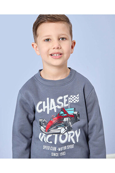 REDTAG Boys Grey Race Car Print Sweatshirt