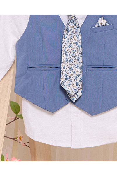 REDTAG Infant Boys White And Blue Vest Coat And Shirt With Printed Tie Set (3 Piece)