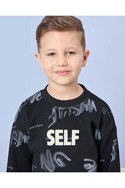 REDTAG Boys Black Printed Bonded Sweatshirt