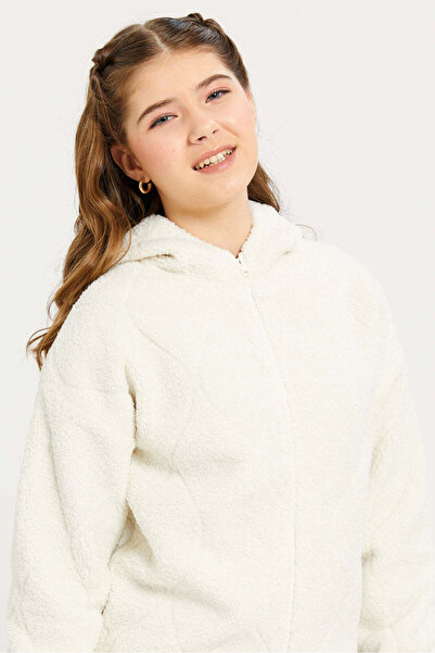REDTAG Senior Girls White Sherpa Hooded Sweatshirt