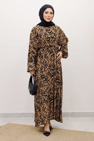 Tesettür Dünyası Φόρεμα με ελαστική μέση με μανίκια νυχτερίδας από βισκόζη TSD250235 Μαύρο