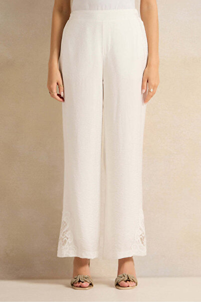 REDTAG Women Ivory Embellished Wide Leg Trousers