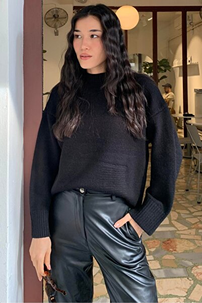 İmajButik Black Crew Neck Soft Textured Oversized Knitwear Sweater