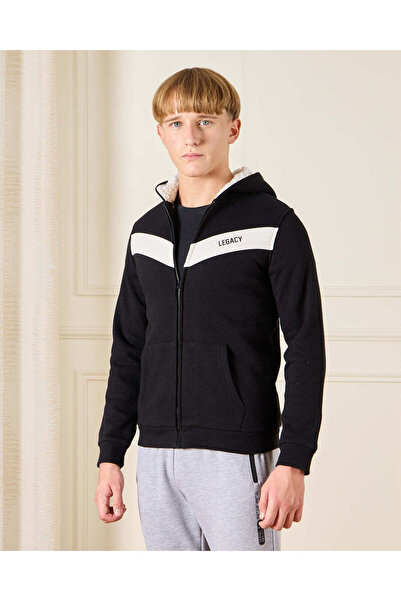 REDTAG سويت شيرت أسود بغطاء رأس من قماش الشيربا للأولاد الكبار