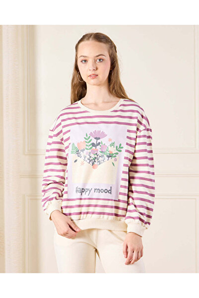 REDTAG Senior Girls White Striped Drop Shoulder Sweatshirt