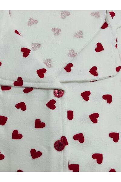 Tarık Women's Suede Shirt Collar Buttoned White Heart Pattern Long Sleeve Pajama Set