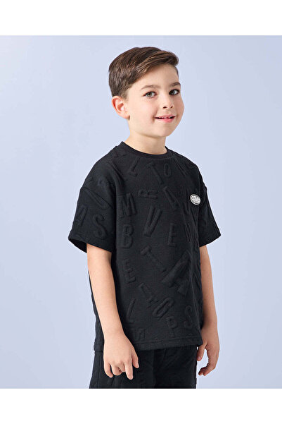REDTAG Boys Black Embossed T-Shirt And Short Set (2 Piece)