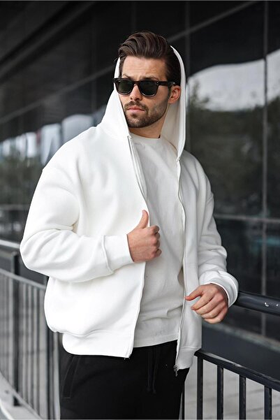 Madmext Ecru Zippered Hooded Men's Cardigan E7174