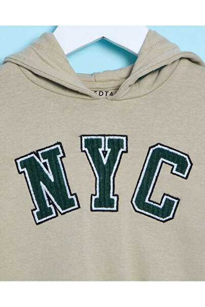 REDTAG Infant Boys Beige Hooded Sweatshirt With Embroidery