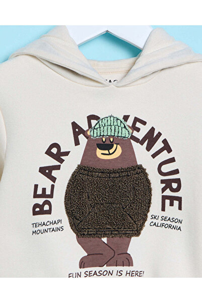 REDTAG Infant Boys Cream Hooded Sweatshirt With Towel Embroidery