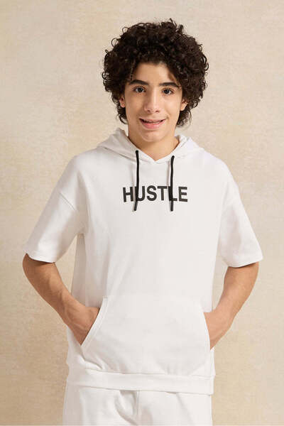 REDTAG Senior Boys White Oversize Hooded Sweatshirt
