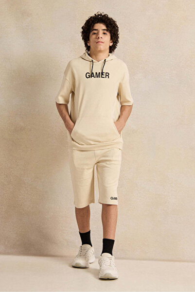 REDTAG Senior Boys Beige Oversize Hooded Sweatshirt