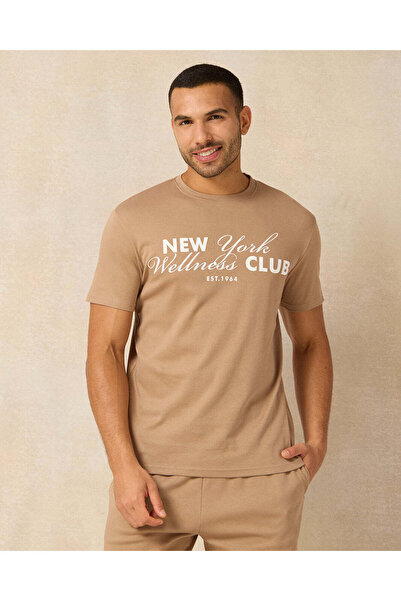 REDTAG Men Beige New York Print Pyjama Set (2 Piece)