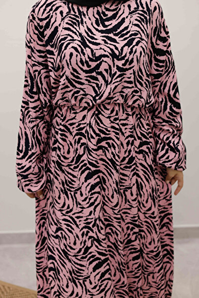 Tesettür Dünyası Φόρεμα με ελαστική μέση με μανίκια νυχτερίδας από βισκόζη TSD250235 Ροζ