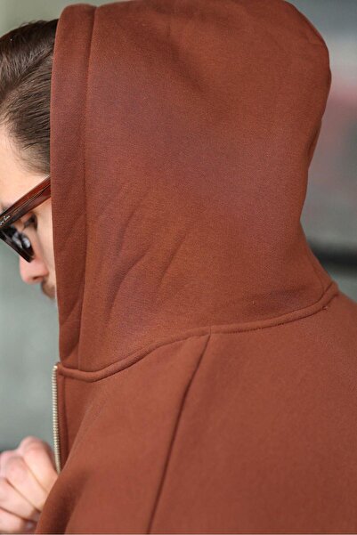 Madmext Brown Zippered Hooded Men's Cardigan E7174