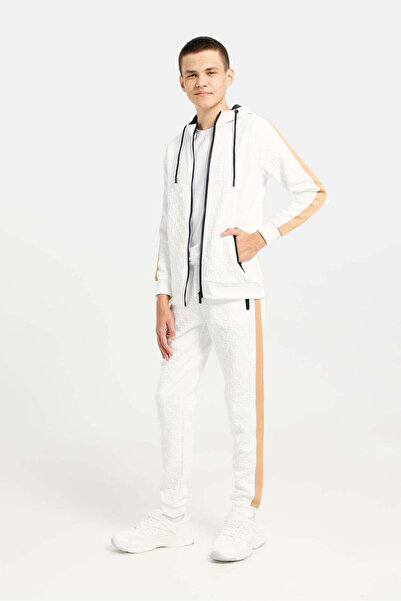 REDTAG Senior Boys White Embossed Hooded Sweatshirt