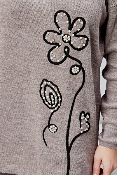 Jinx Wear Fashion Daisy Embroidery Pearl Detailed Acrylic Knitwear Set with Top and Bottom Pants