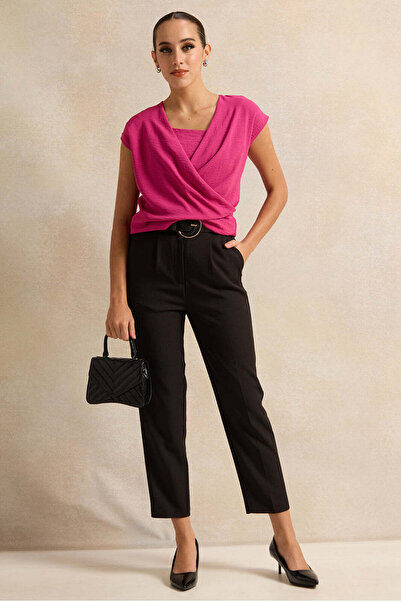 REDTAG Women Black Belted Tapered Trousers