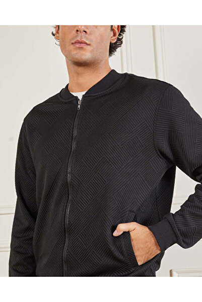 REDTAG Men Black Textured Zip Bomber Jacket