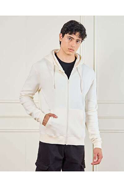 REDTAG سويت شيرت رجالي عاجي اللون بغطاء رأس وسحّاب