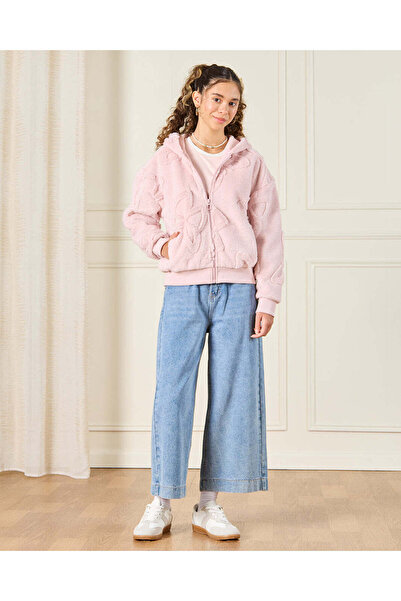 REDTAG Senior Girls Pink Hooded Zipper Front Fur Sweatshirt