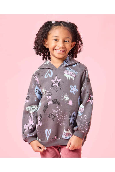 REDTAG Girls Charcoal Graffiti Hooded Sweatshirt