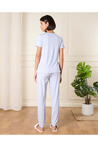 REDTAG Women Blue Striped Pyjama Set (2 Piece)