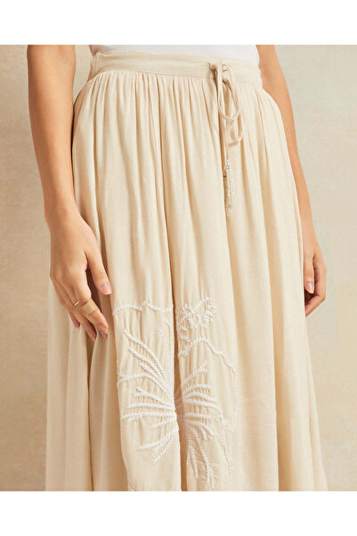 REDTAG Women Beige Floral Embroidered Gathered Skirt