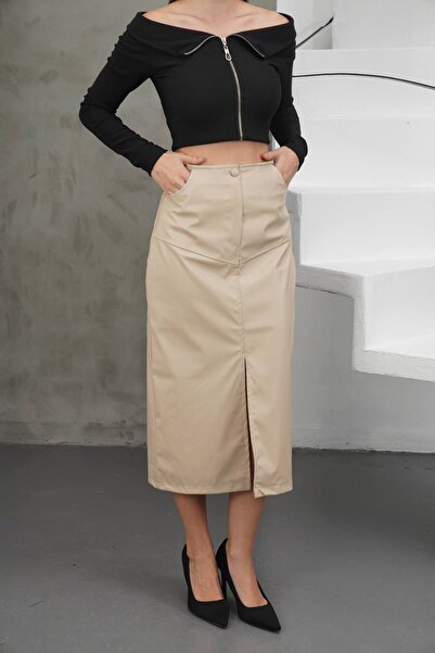 Ecenin Favorileri Fusta midi cu fantă din piele artificială crem