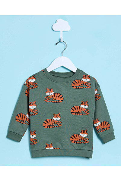 REDTAG Infant Boys Olive Printed Sweatshirt