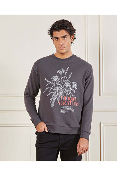 REDTAG Men Charcoal Floral Printed Sweatshirt