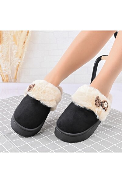 Tmall Papuci pufoși pentru femei, cu papion leopard, cu blană, TM1PD1063, Negri