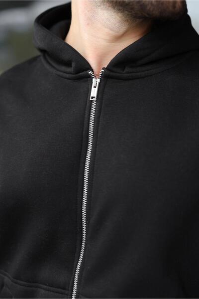 Madmext Black Zippered Hooded Men's Cardigan E7174