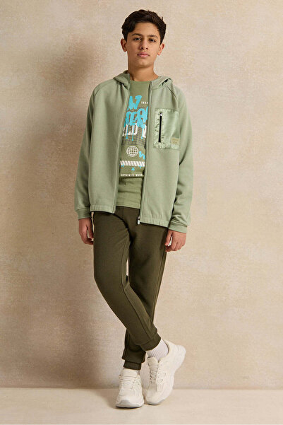 REDTAG Senior Boys Green Zipthru Hooded Sweatshirt