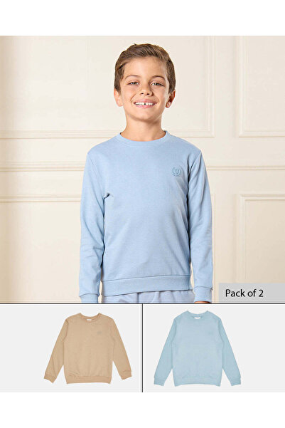 REDTAG Boys Brown And Blue Solid Sweatshirt Set (Pack of 2)