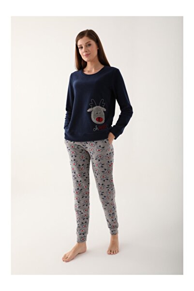 DREAM FASHION Arnetta Oh Deer Navy Blue Women's Long Sleeve Fleece Pajama Set
