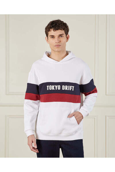 REDTAG Men White Printed Hooded Sweatshirt