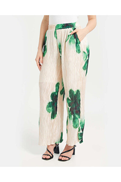 REDTAG Women Beige And Green Printed Plisse Trouser