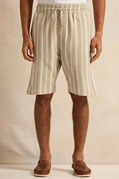 REDTAG Men Beige Lounge Striped Shorts