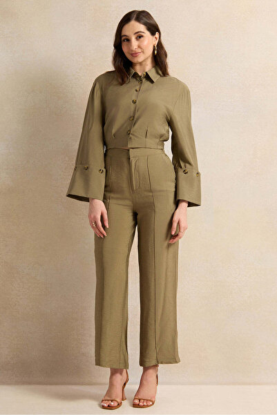 REDTAG Women Olive Wide Leg Trousers