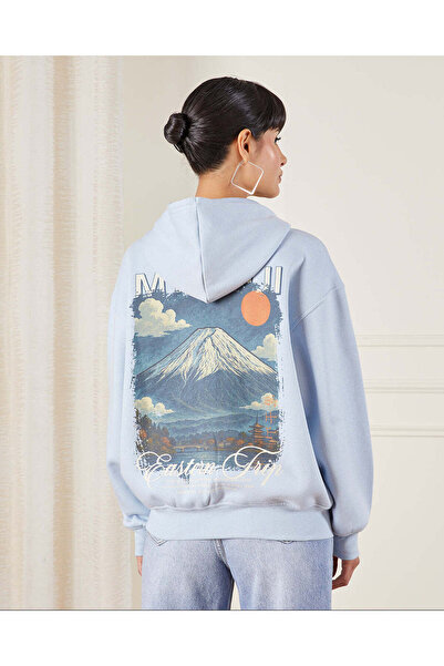 REDTAG Women Blue Back Printed Hooded Sweatshirt