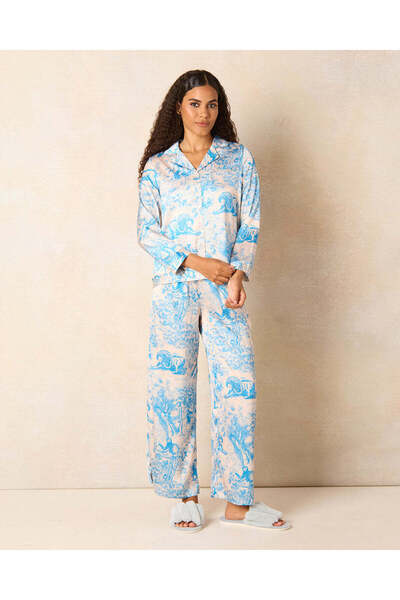 REDTAG طقم بيجامة ساتان أزرق للنساء (قطعتين)